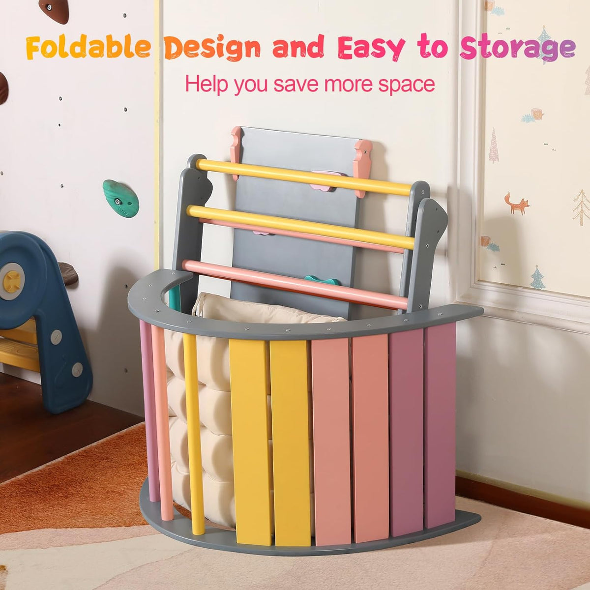 Dreieck-Set mit Kissen, 5-in-1 Montessori-Kletterset, faltbar, Kletter-Indoor-Spielplatz-Set für Kleinkinder, Holz-Kletterspielzeug mit Rampe und Kletterbogen für Kinder (Holzfarbe)