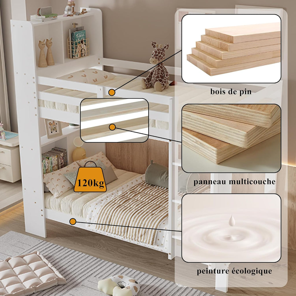 Kinderbett 90x200 mit Regalen und Leiter, Funktionsbett Etagenbett für 2 Kinder, Stockbett Hochbett Jugendhochbett mit Stauraum und Lattenrost,Jugendbett Bettrahmen aus Massivholz,ohne matratze,Weiß