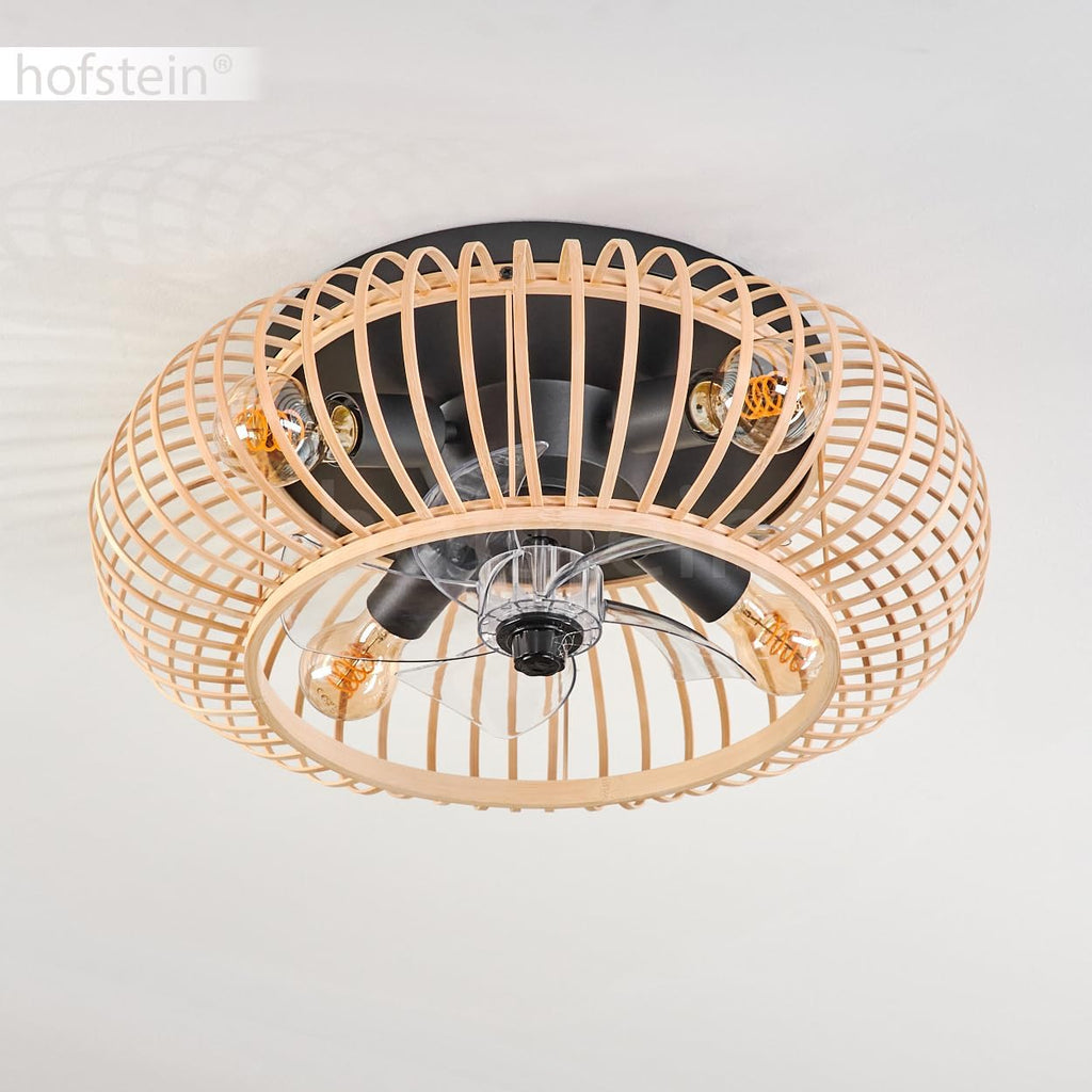 HOFSTEIN Deckenventilator Oravi, Ventilator aus Metall/Bambus in Schwarz/Natur mit Fernbedienung, Auf-/Abwind-Funktion u. Lichteffekt an der Decke, Deckenleuchte 4-flammig Ø 50 cm, 4 x E27, mit Timer