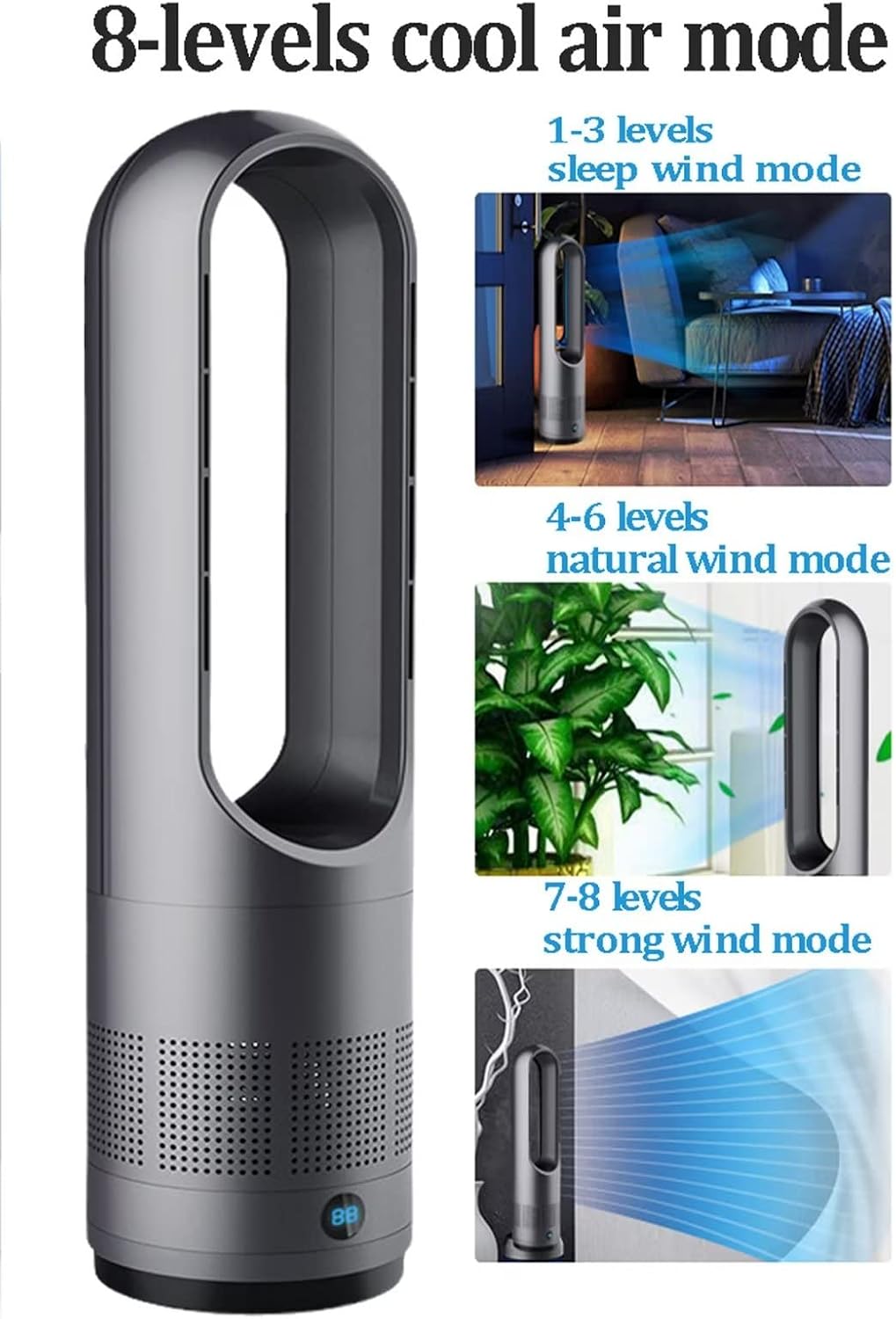 Moderner Turmventilator ohne Flügel, 40 W, natürliche Windkühlung, 80 ° Oszillation mit Fernbedienung, 8 Geschwindigkeitsstufen, 8 Stunden Timer, LED-Anzeige, leise