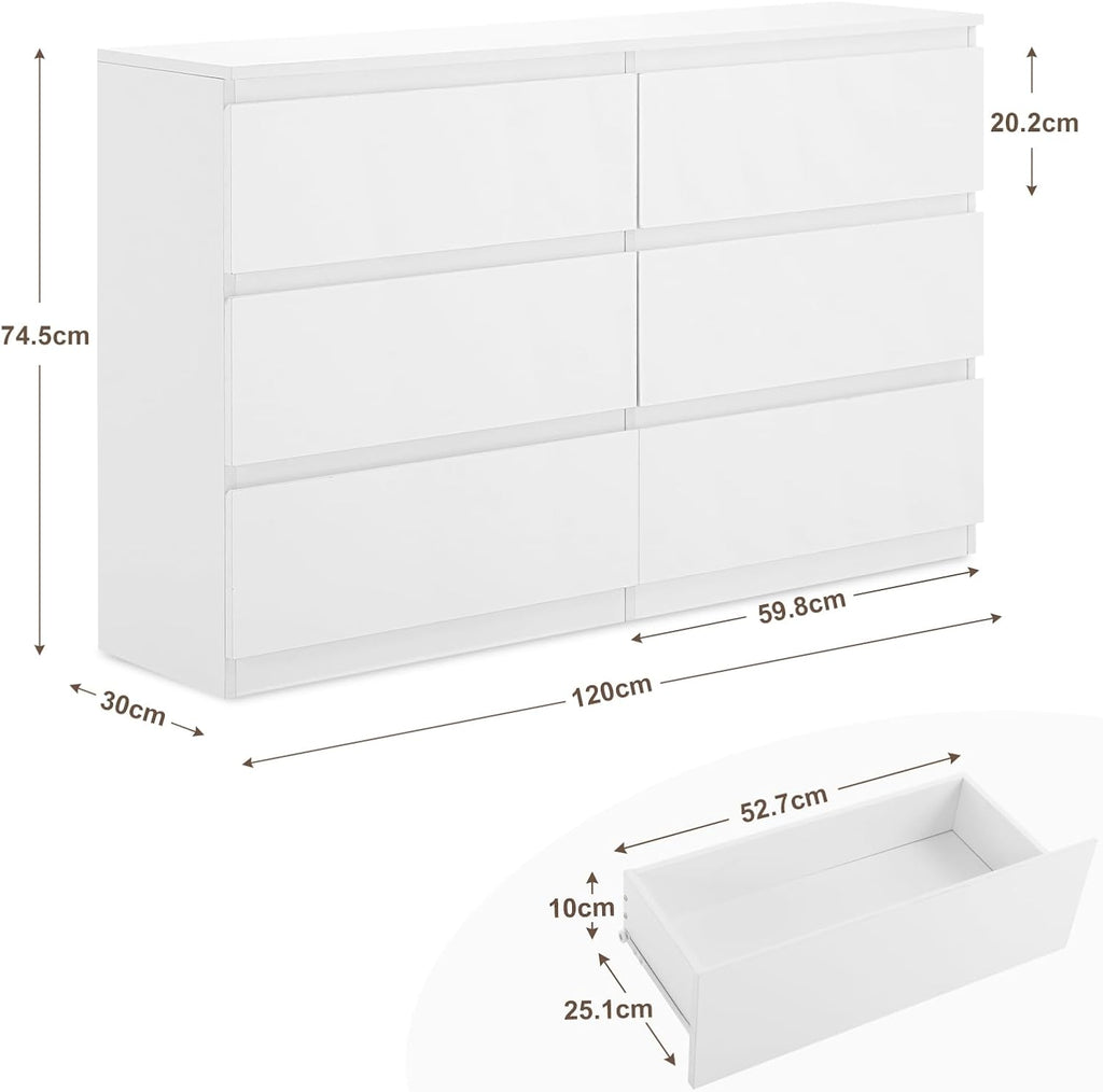 Sweetcrispy Kommode, Weißes Sideboard mit 6 Schubladen, 120×30×75cm, Viel Stauraum für Wohnzimmer, Flur & Schlafzimmer, Moderner Kommodenschrank