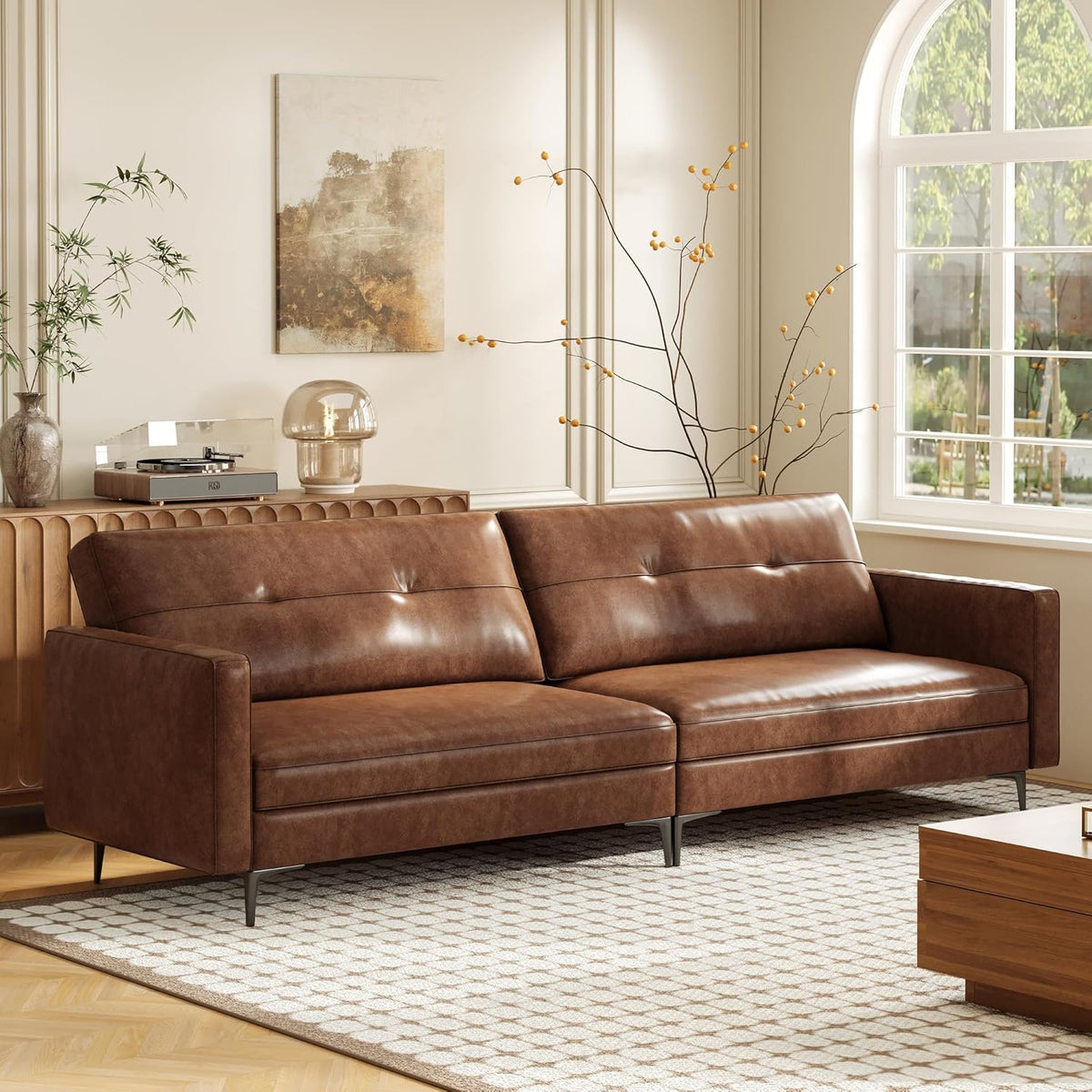 3-Sitzer Sofa in Vintage Lederoptik – Kompaktes Kunstleder Sofa mit Knopfheftung, Metallfüßen & Geraden Armlehnen, Braun – Retro Couch für Wohnzimmer, Büro oder kleine Wohnung (220cm Streifendesign)