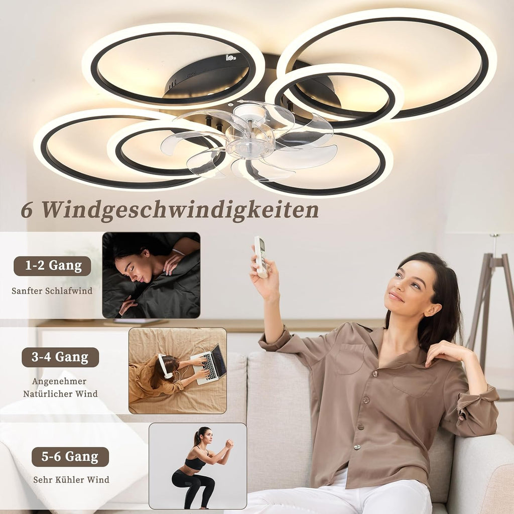 Deckenventilator Mit Beleuchtung Und Fernbedienung,85W,6800LM Lampe Mit Ventilator,100cm Led Dimmbar Deckenleuchte Mit Ventilator,6-Gang Ceiling Fan with Light Für Schlafzimmer Wohnzimmer,Schwarz