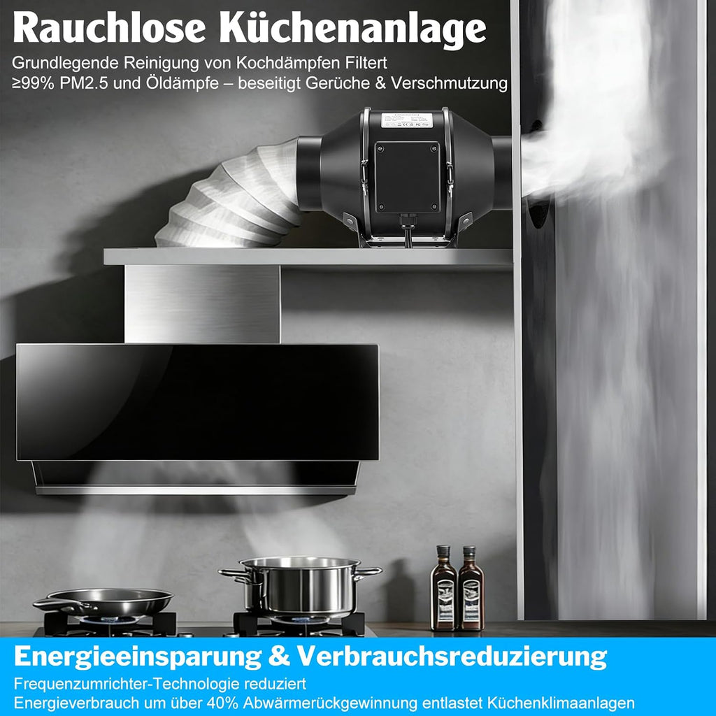 100mm Rohrventilator WiFi APP mit Inverter-EC-Motor, 360 m³/h Inliner Abluftventilator mit Intelligenter Temperatur- und Feuchtigkeitsregler, 3m Kabel Inline Rohrlüfter für Growzelte Gewächshäuser