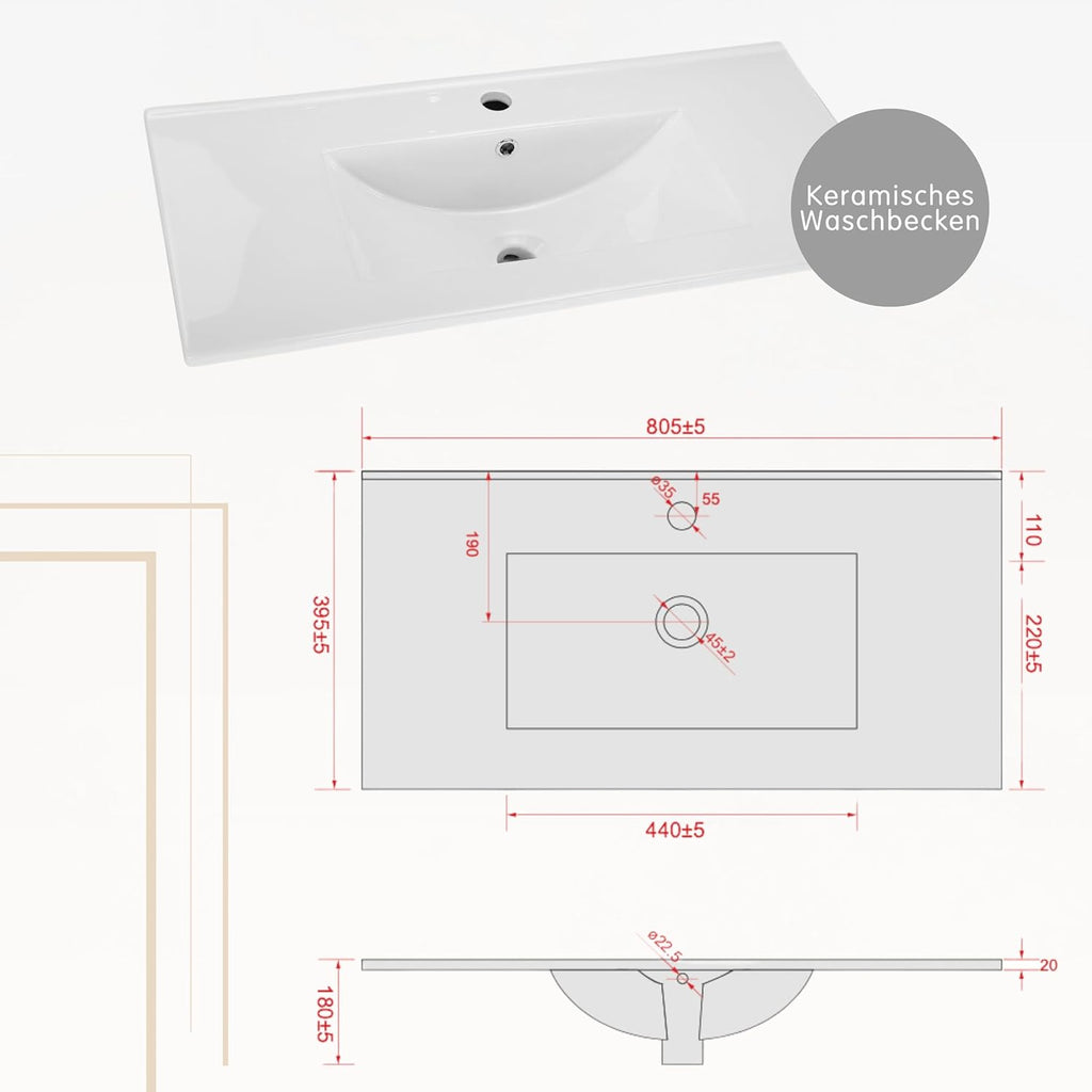 Waschbecken mit Unterschrank 80 cm Breit | Badezimmerschrank IGA Sink | Badmöbel Set für Badezimmer & Gäste-WC | Waschtisch mit Unterschrank Stehend | Waschbeckenunterschrank Weiß