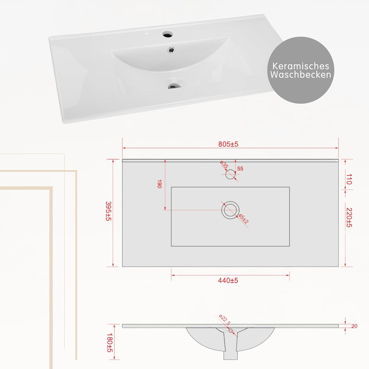Waschbecken mit Unterschrank 80 cm Breit | Badezimmerschrank IGA Sink | Badmöbel Set für Badezimmer & Gäste-WC | Waschtisch mit Unterschrank Stehend | Waschbeckenunterschrank Weiß