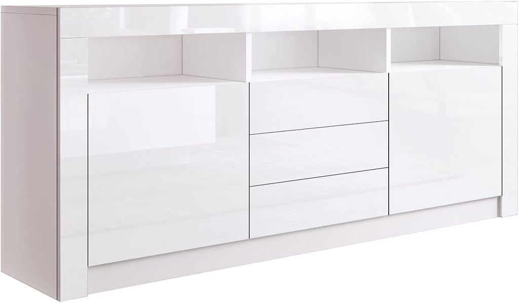 Sideboard Hochglanz Matt Anrichte Schrank mit 2 Türen 3 Schubladen & LED Beleuchtung TV Lowboard Für Esszimmer Wohnzimmer Möbel Weiß