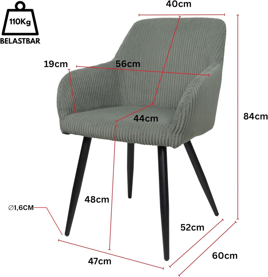 ALBATROS Esszimmerstuhl SILA – 2er Set Polsterstühle mit Armlehnen, Cord-Bezug, Grün | Küchen- & Esszimmerstühle für Küche, Wohnzimmer & Esszimmer | Esstisch Stühle