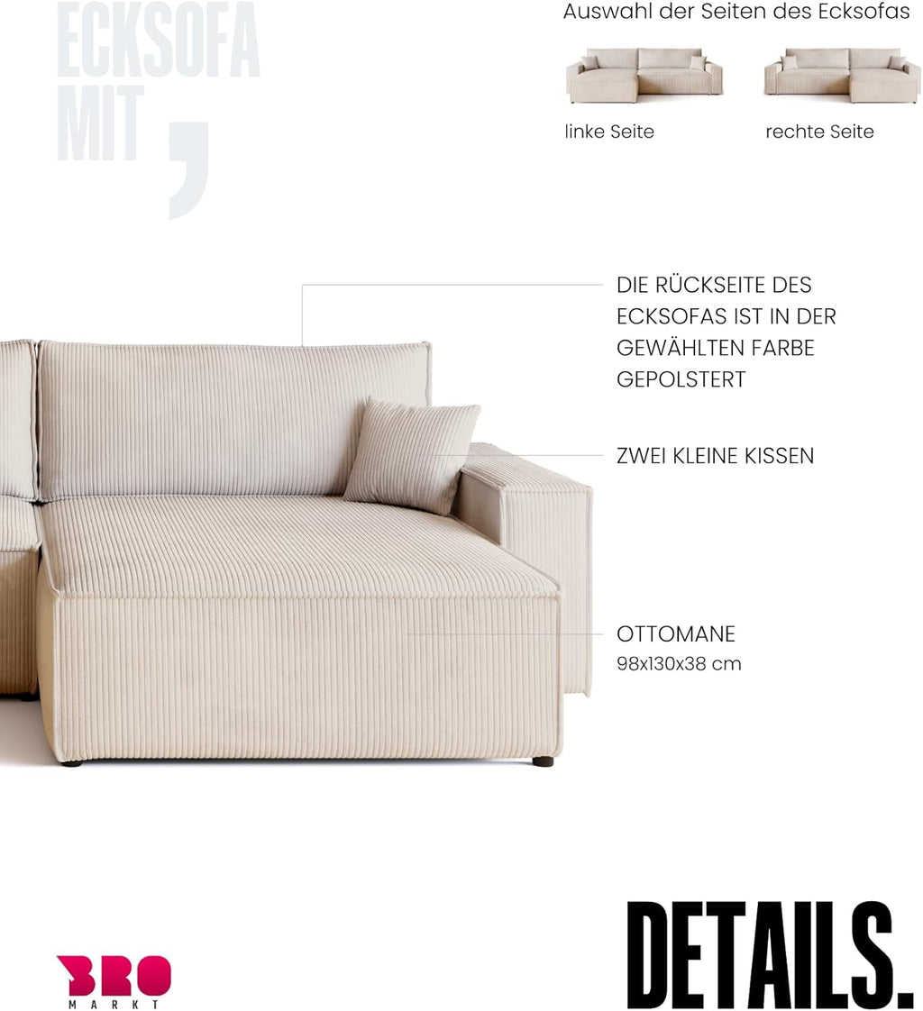 BROMARKT Sofa mit Schlaffunktion Couch L Cordstoff Sofa Bettkasten Schlafsofa für Wohnzimmer Ecksofa freistehend Adi XL Relaxsofa 3 sitzer 272x143x85 cm Vanilla