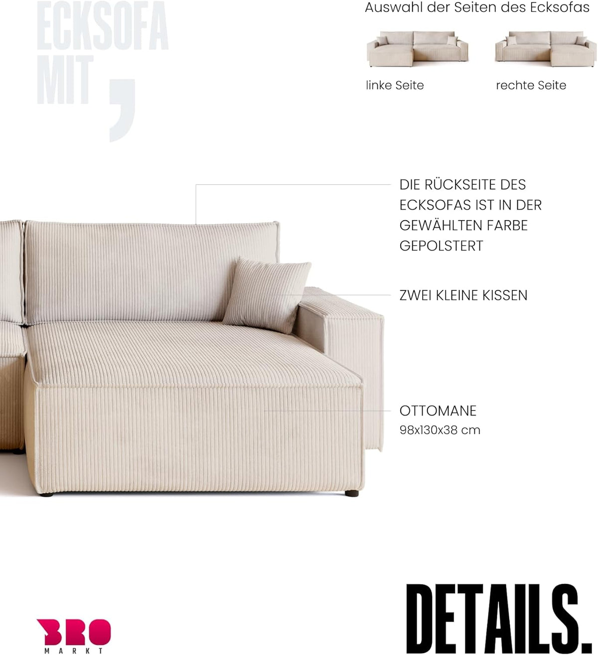 BROMARKT Sofa mit Schlaffunktion Couch L Cordstoff Sofa Bettkasten Schlafsofa für Wohnzimmer Ecksofa freistehend Adi XL Relaxsofa 3 sitzer 272x143x85 cm Vanilla