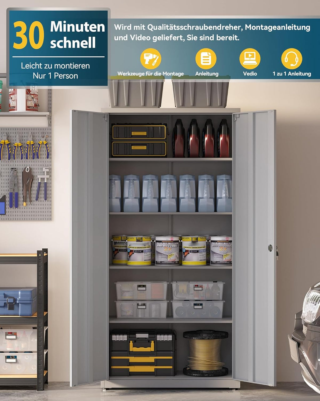Aktenschrank, Mehrzweckschrank, Stahl-Aufbewahrungsschrank, Werkstattschrank, 180 x 80 x 40 cm, graues weiß