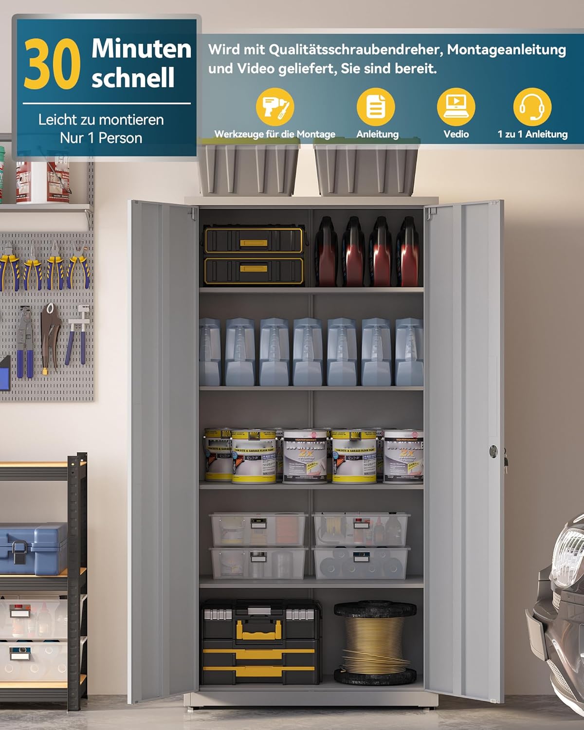 Aktenschrank, Mehrzweckschrank, Stahl-Aufbewahrungsschrank, Werkstattschrank, 180 x 80 x 40 cm, graues weiß