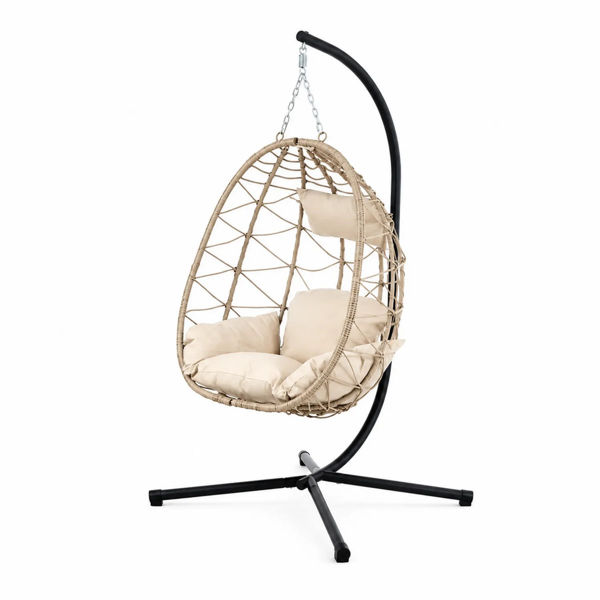 Rattan Hängesessel mit Stahlrahmen und Kissen Beige