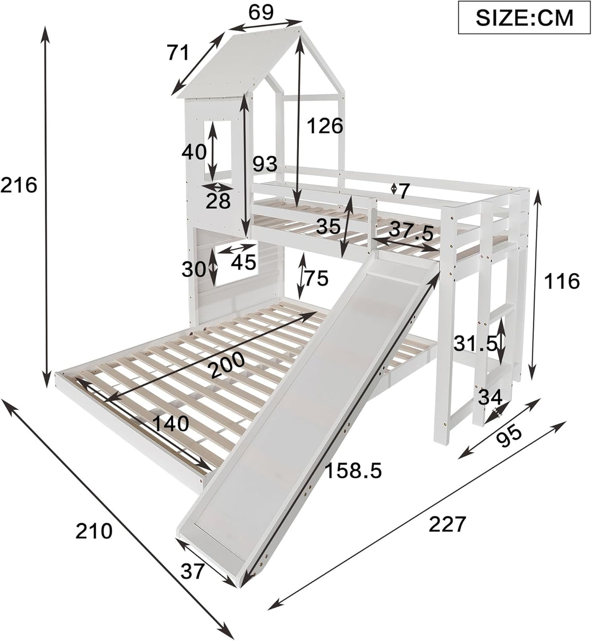 Kinderbett Etagenbett 90x200 cm & 140x200 cm mit Rutsche und Leiter, Hochbett Holzbett mit Rausfallschutz, Bett Bettgestell mit Lattenrost, Hausbett für 2-3 Kinder, Weiß, Ohne Matratze
