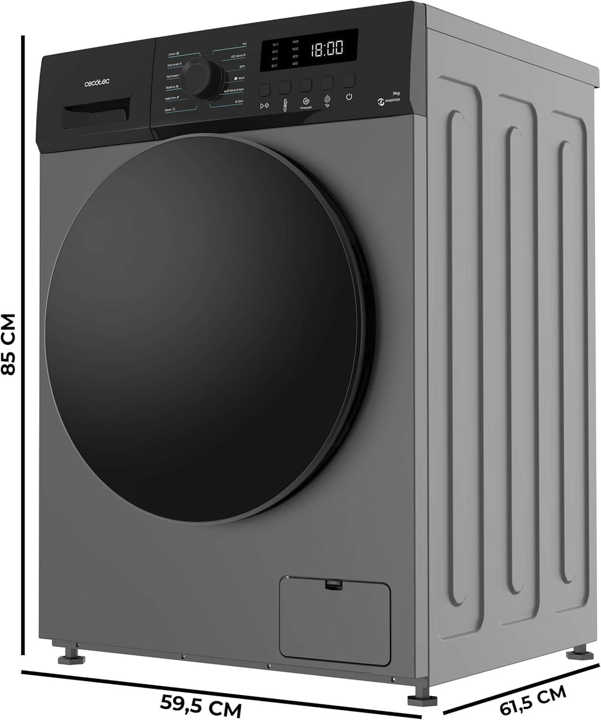 Cecotec Frontlader Waschmaschine 9Kg Bolero DressCode 9155 Inverter Steel. Klasse A-30%, 1400 U/MIN, 12 Programme, Inverter Plus Motor, Energiesparend, Steam Max, Delay Start, LED-Bedienfeld