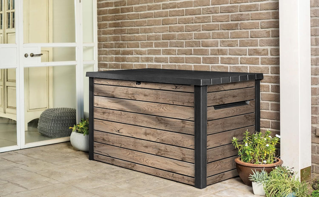 Koll Living Keter Gartenbox Ontario 870L | 147x83x86 cm cm | Kunststoff in Holzoptik (Pinie) | Deckel mit Gasdruckfedern | abschließbar