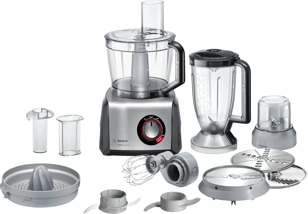 Bosch MultiTalent 8, Robot kuchenny z tarczą do frytek i młynkiem do ziaren, 1250 W, duża misa 3,9 l, mikser 1,5 l, wyciskarka do cytrusów, wyświetlacz LED, MC812M844, biały, szczotkowana stal