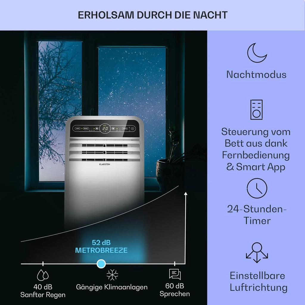 Klarstein Mobile Klimaanlage mit Abluftschlauch, 4-in-1 Klimagerät mit Ventilator, Luftentfeuchter & Nachtmodus, Kleine & Portable Klimaanlage für Wohnung & Büro, Niedriger Verbrauch, 9000 BTU