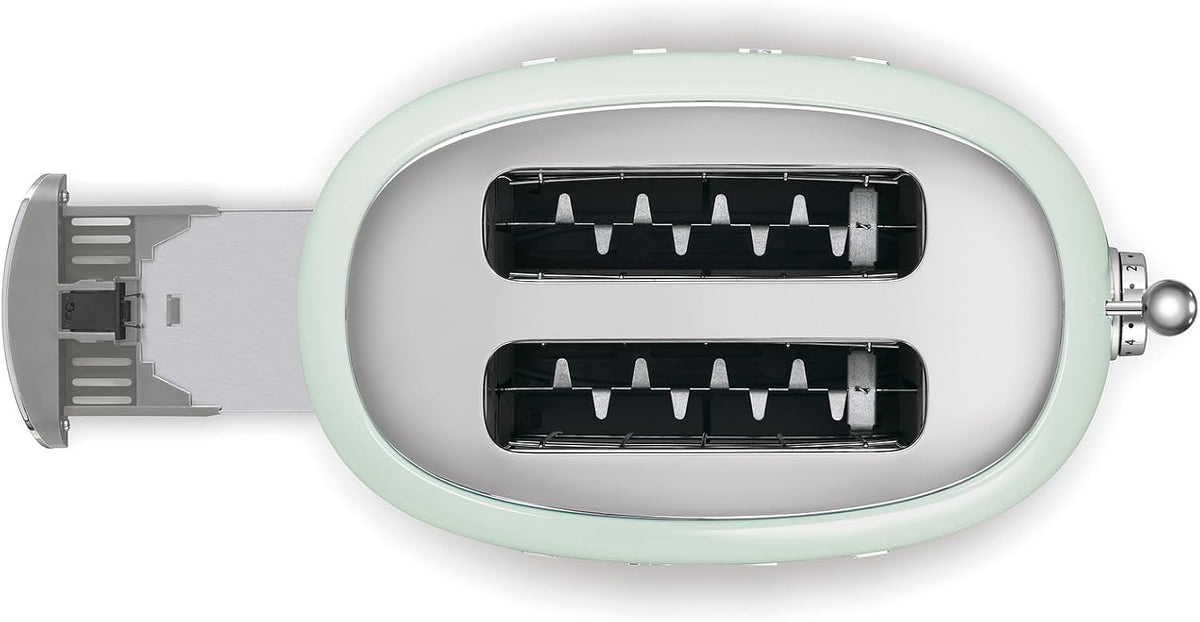 Smeg, 2x2 TSF01PGEU -Toaster, 2 Schlitze für 2 Scheiben, 6 Vergoldungsniveaus, Heizfunktion, Abtau- und Bagel- Funktion, Sammelschublade, 950W, Pastellgrün