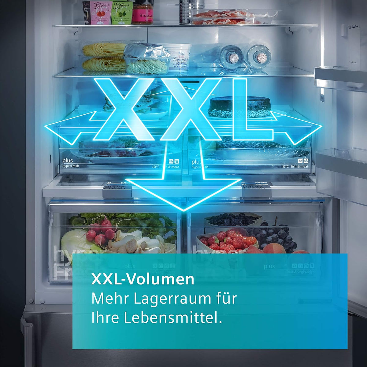Siemens KF96NVPEA iQ300 Multi-Door-Kühlschrank, 183 x 91 cm, 405 L Kühlen & 200 L Gefrieren, hyperFresh längere Frische, noFrost nie wieder abtauen, superCooling schnellere Kühlung