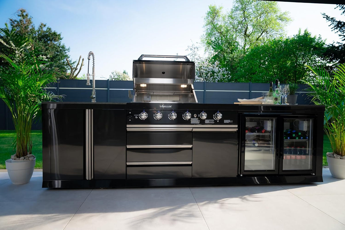 GORILLER® BLACKBACK M6 Outdoor-Küche, Gasgrill mit Doppel-Kühlschrank und Waschbecken, Edelstahl, Schwarz