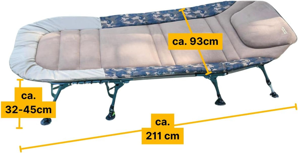 MK-Angelsport Anglerliege XL bis 150kg Fort Knox Karpfenliege X-Pro Camo Angelliege Bedchair Gartenliege Liege 8-Bein Gästebett Camping Olivgrün