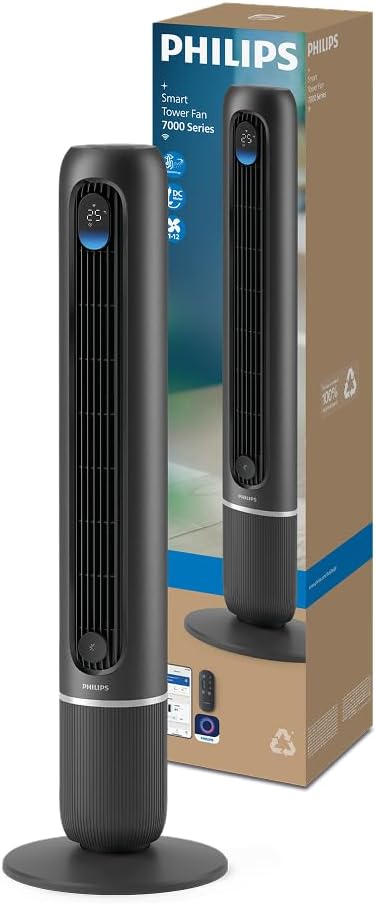 Philips Smarter Turmventilator 7000 Series – 8,4 m/s stark, ultraleise 22 dB, energieeffizient, App & Fernbedienung, Wlan, 12 Stufen, Schlafmodus, Temp‑Anzeige, 12‑h Timer, 80° Oszillation (CX7550/01)