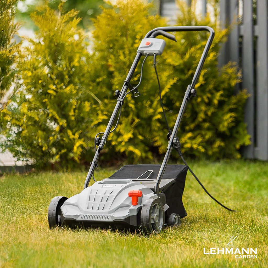 LEHMANN Elektro-Vertikutierer & Rasenlüfter 2-in-1, 1500 W, Arbeitsbreite 32 cm, 4-stufige Arbeitstiefeneinstellung, Rasenvertikutierer mit 30 L Fangkorb, kugelgelagerte Messer- & Lüfterwalze, Grau