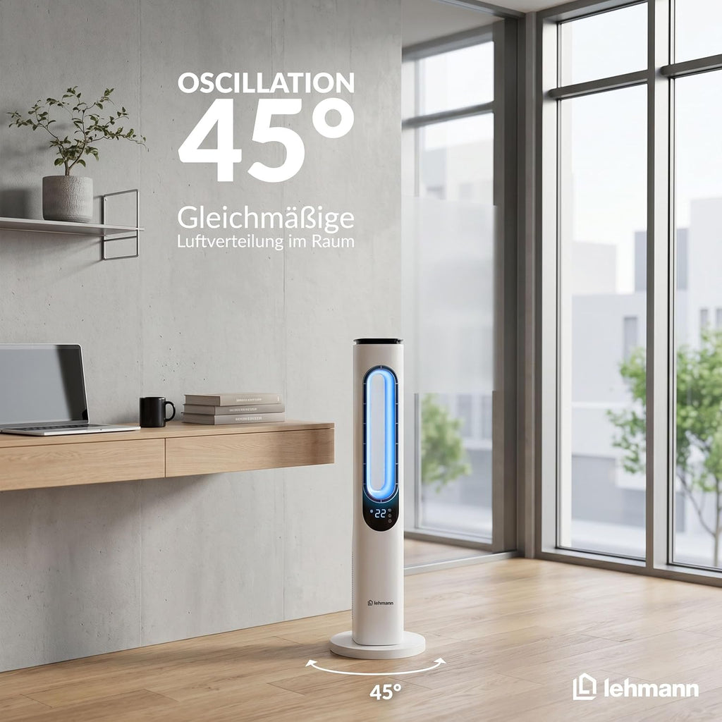 LEHMANN Turmventilator mit Fernbedienung & LED-Display, leiser Ventilator mit Schlafmodus, 15 h Timer, 3 Lichtfarben, 3 Modi, 3 Geschwindigkeiten, oszillierender Standventilator ohne Rotorblätter