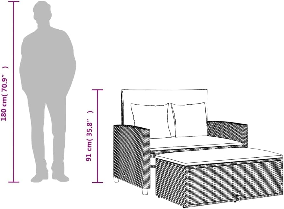 vidaXL Gartensofa 2-Sitzer, Outdoor Sofa mit Hocker mit Staufach, Gartenmöbel mit Kissen, Gartensessel Gartenbank, Schwarz Poly Rattan VC9087349