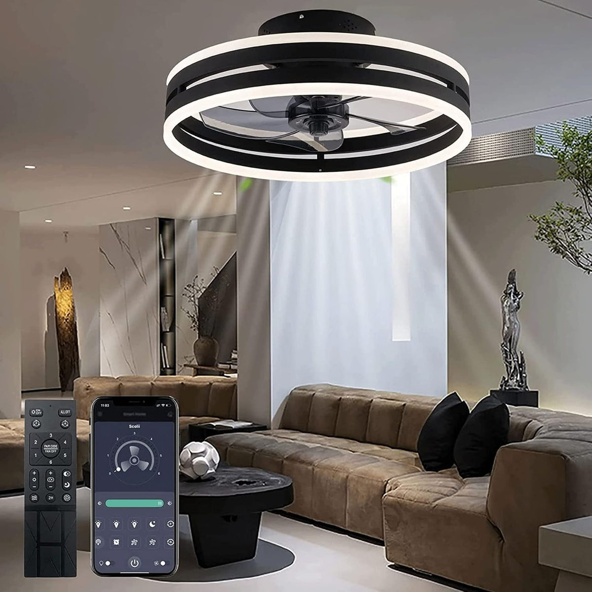 Leise Deckenventilator Mit Beleuchtung 50W Dimmbare Deckenleuchte Mit Fernbedienung Und APP 6 Geschwindigkeiten Lampe Mit Ventilator Timer Schlafzimmer Wohnzimmer Licht Schwarz,40cm