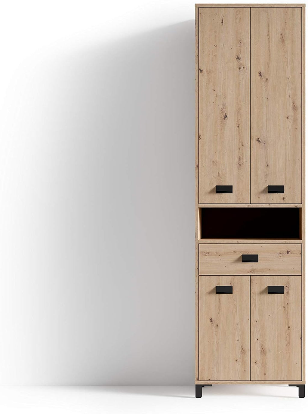byLIVING Badezimmer-Hochschrank WELLNESS / Badschrank in Artisan Eiche Optik hell-braun / Griffe aus Metall in schwarz / Badezimmerschrank 4 Türen mit offenen Elementen / B 54, H 193, T 31 cm