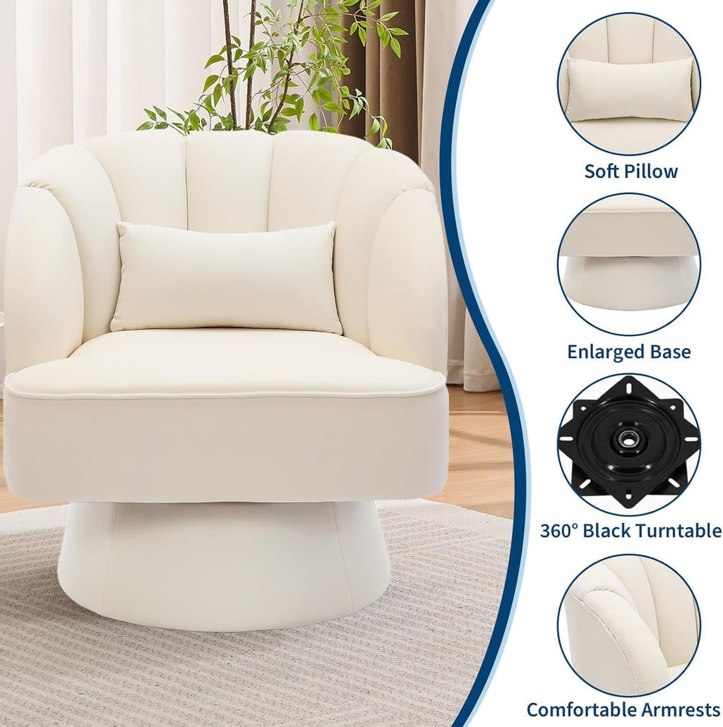 Moderner Drehsessel, 360 Grad Samt gepolsterter Sessel mit gestreifter Rückenlehne & Plüschpolsterung, bequemer runder Sessel für Wohnzimmer, Schlafzimmer, Leseecke, Beige