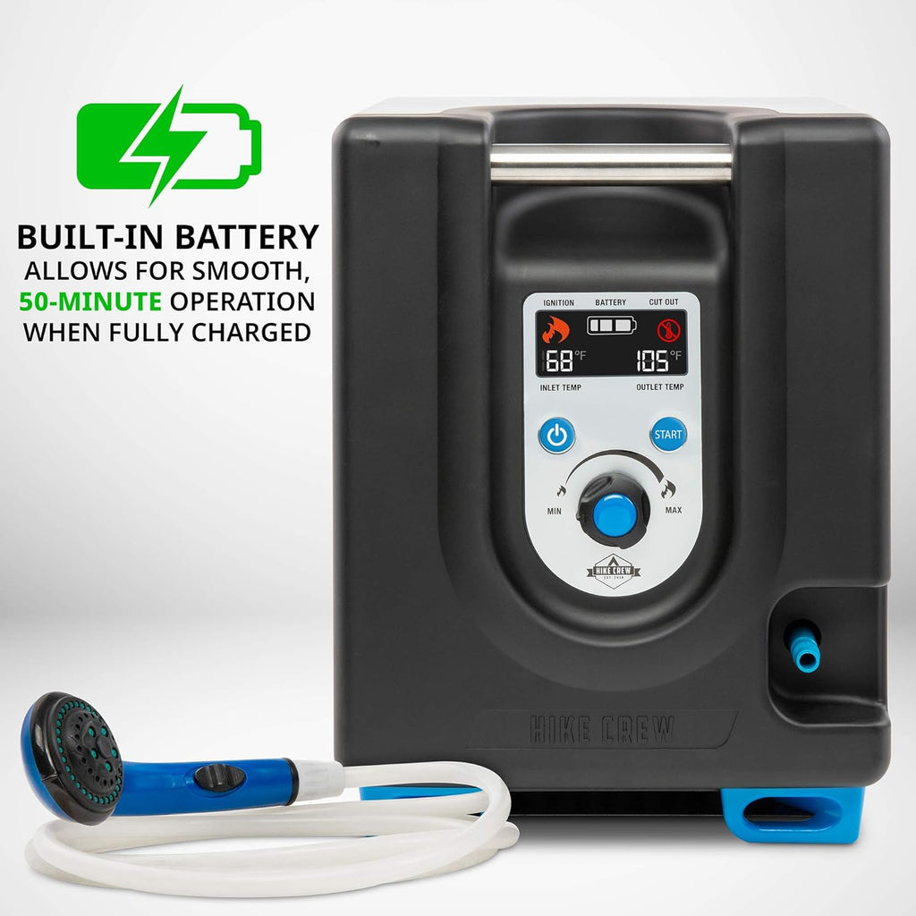 Tragbarer Propan-Warmwasserbereiter und Duschpumpe mit eingebauter Batterie | Kompaktes Outdoor-Reinigungs- und Duschsystem mit LCD, Sicherheitsabschaltung und Tragetasche, sofort heißes Wasser für Camping und Wandern
