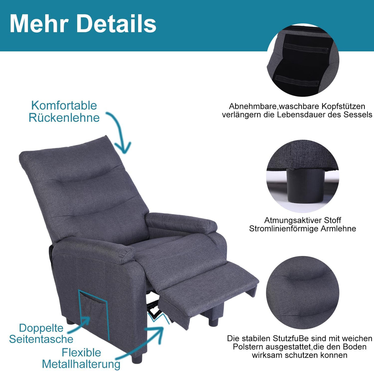 Mingone Relaxsessel, Fernsehsessel mit Liegefunktion, TV-Sessel mit Taschenfederkern, Gepolstert Liegesessel Ruhesessel Leinen Dunkelgrau für Wohnzimmer Schlafzimmer bis 150kg