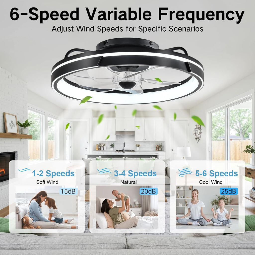 Leise Deckenventilator mit Beleuchtung, Dimmbar 64W LED Deckenleuchte mit Ventilator, Fernbedienung und APP, Timer, 6-Gang, 50cm Moderne Lampe mit Ventilator für Wohnzimmer Schlafzimmer Schwarz