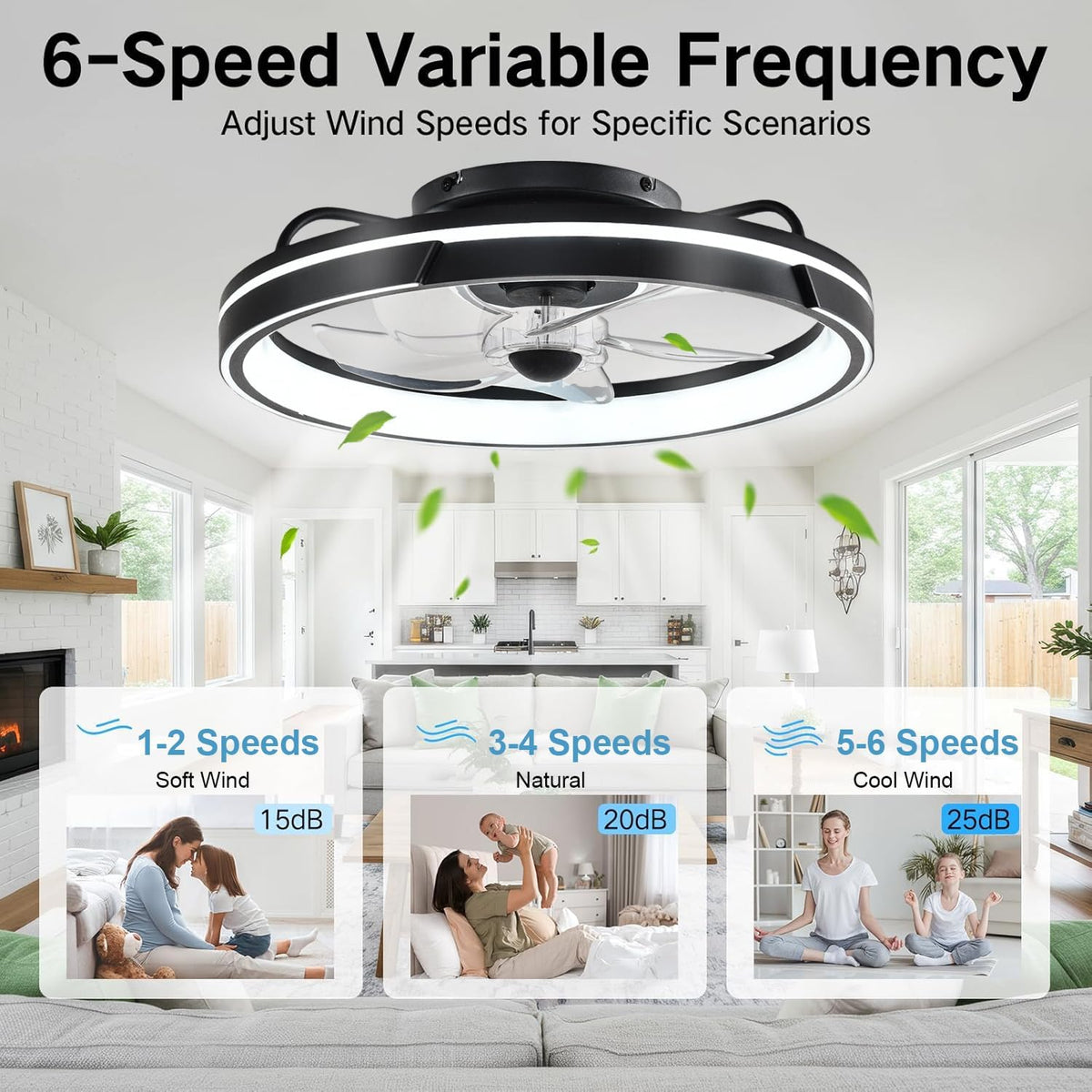 Leise Deckenventilator mit Beleuchtung, Dimmbar 64W LED Deckenleuchte mit Ventilator, Fernbedienung und APP, Timer, 6-Gang, 50cm Moderne Lampe mit Ventilator für Wohnzimmer Schlafzimmer Schwarz