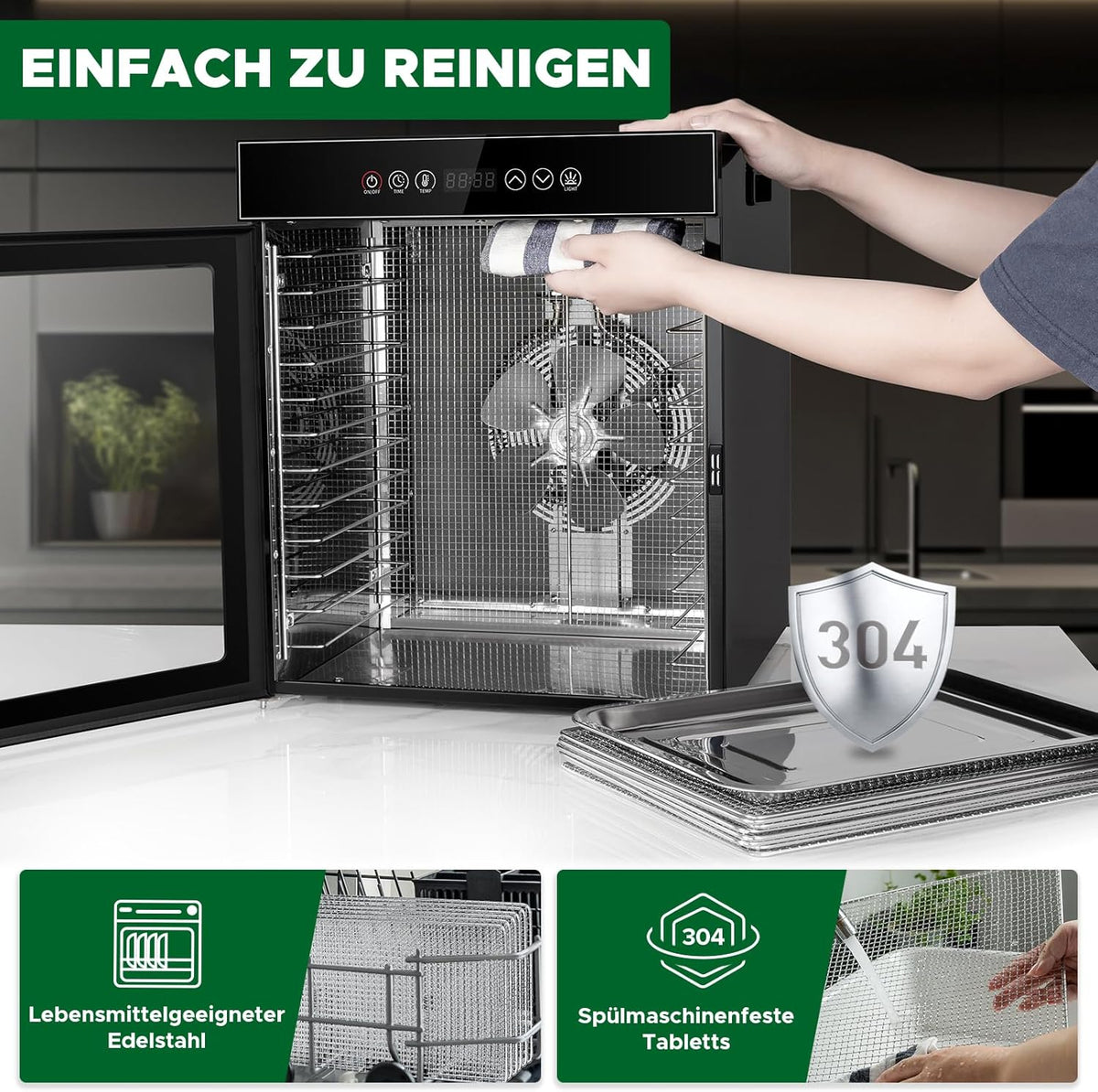 Kwasyo Dörrautomat Edelstahl, Dörrgerät 12 Etagen Ganz in Schwarz, 30-90℃ Temperaturregelung, 24 Stunden Timer, Rezeptheft für Fleisch Obst Gemüse Kräuter, 900W, LT-09
