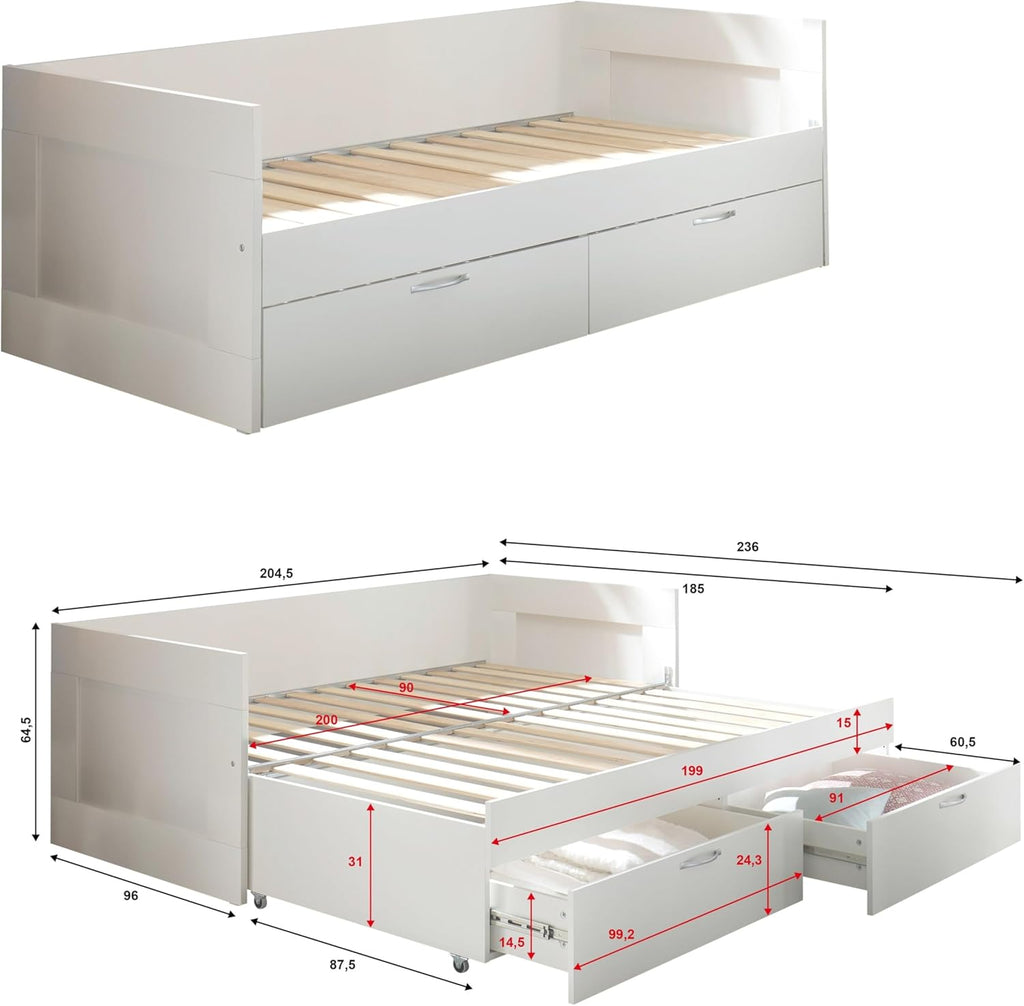 SALIAS Funktionsbett 90 x 200 cm mit ausziehbarer Liegefläche - Platzsparendes Jugendzimmer Einzelbett mit Bettkasten in Weiß - 205 x 68 x 97 cm (B/H/T)