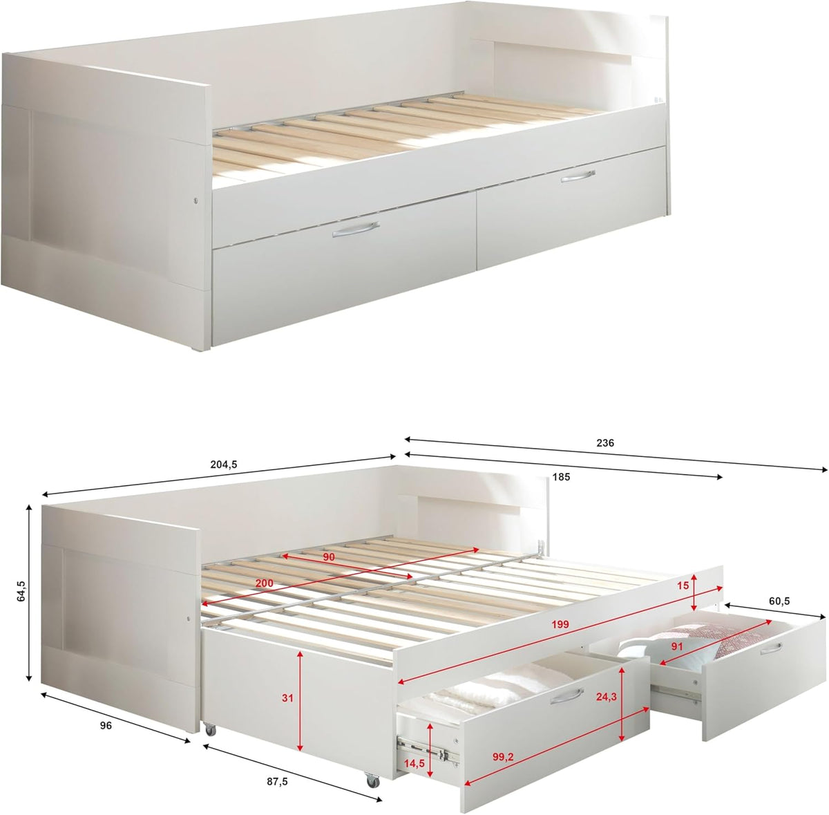 SALIAS Funktionsbett 90 x 200 cm mit ausziehbarer Liegefläche - Platzsparendes Jugendzimmer Einzelbett mit Bettkasten in Weiß - 205 x 68 x 97 cm (B/H/T)