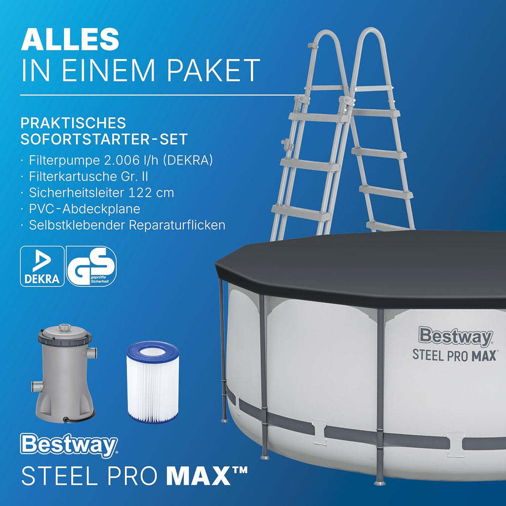 Bestway® Steel Pro MAX™ Aufstellpool Komplett-Set mit Filterpumpe Ø 366 x 122 cm, lichtgrau, rund
