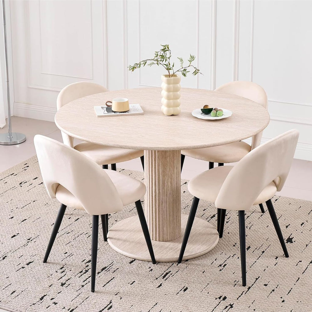 115cm Runder Esstisch mit 4 Esstischstühlen, Küchentisch aus MDF (Travertin-Maserung) und 4 Stühle für Küche, Esszimmer, Wohnzimmer und Büro (Beige)