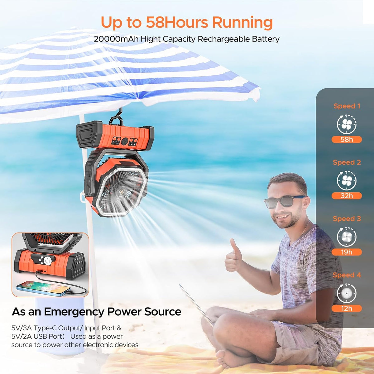 Wiederaufladbarer Camping-Ventilator mit LED-Laterne, 20.000 mAh, automatisch oszillierend, batteriebetrieben, Schreibtischventilator mit Fernbedienung/Haken/Timer, 20.3 cm, Stromausfälle, Hurricane