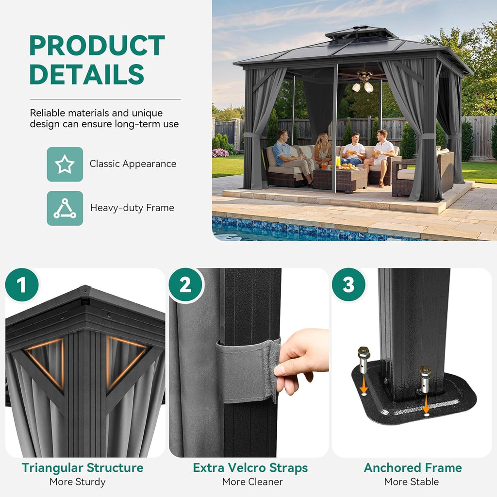 YITAHOME 3 x 3m Wasserdicht Polycarbonat Dach Pavillon mit Doppeldach,Netz und schattigen Vorhängen,Aluminium-Rahmen, Gartenzelt für Terrasse, Hinterhof, Deck und Rasen