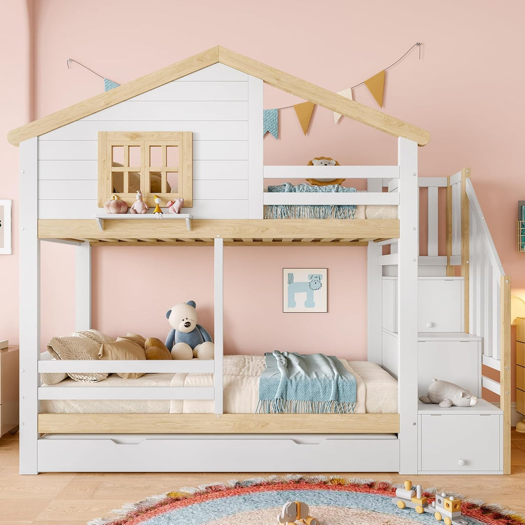Kinderbett 90x200,Etagenbett für 2 Kinder,Hausbett Hochbett mit Ausziehbett&Treppe&Fenstern&Dach,Holzbett Stauraumbett Stockbett Jugendhochbett mit Rausfallschutz&Lattenrost,Ohne Matratze,Weiß+Natur