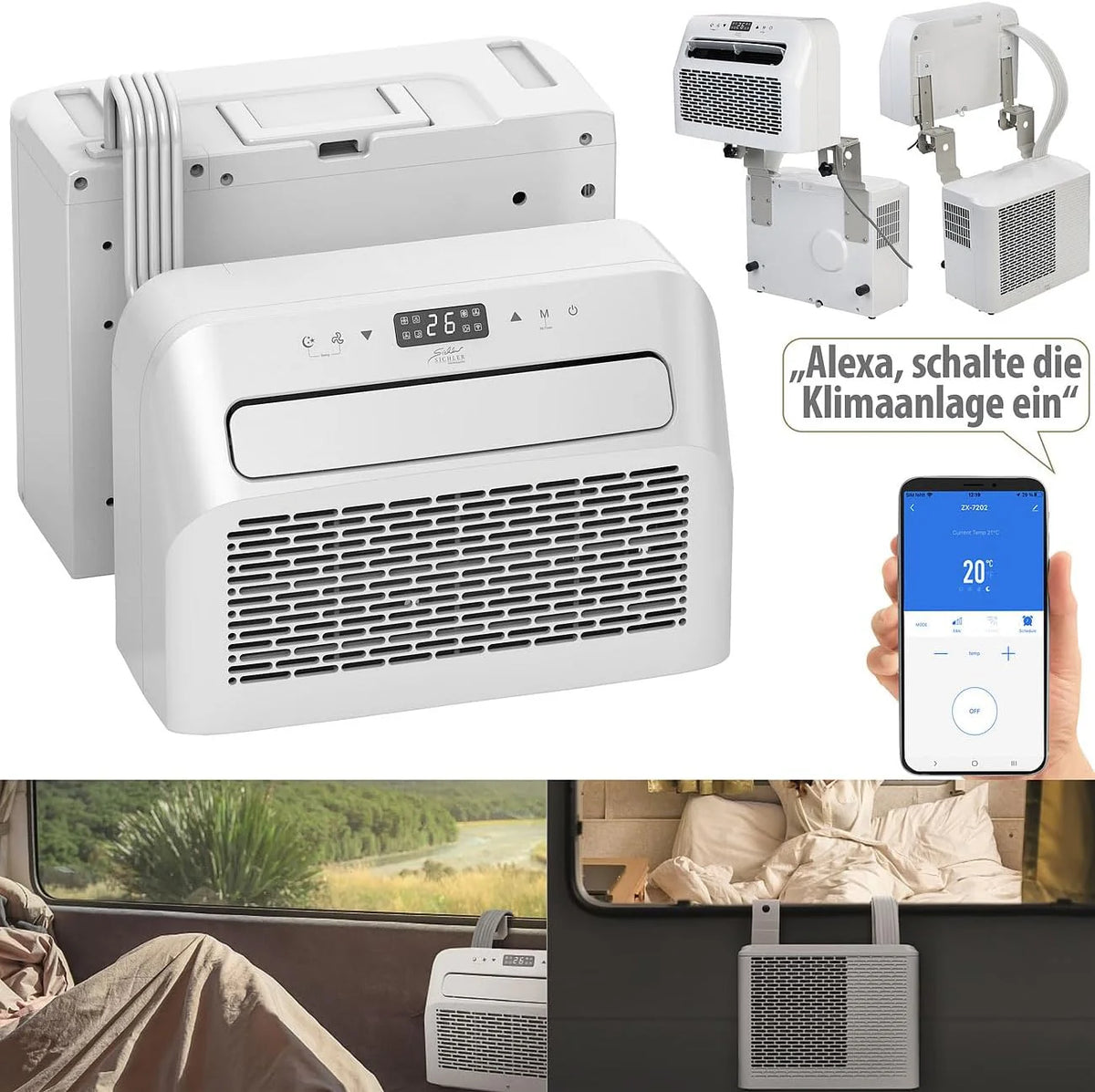 Sichler Haushaltsgeräte Mobiles Klimagerät: Mobile Split-Klimaanlage, Entfeuchterfunktion, WLAN & App, 5.000 BTU/h (Klimaanlage Wohnwagen, Mini Split Klimaanlage, Klima Splitgerät Bohren)