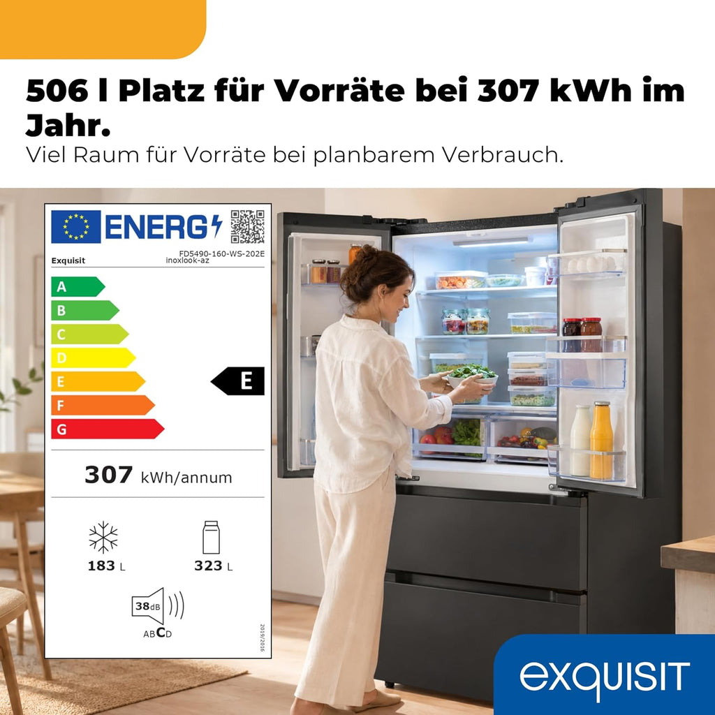 Exquisit Frenchdoor Kühl-Gefrierkombination | 506 l Nutzinhalt, Energieklasse E, 41 dB, No Frost Kühlen & Gefrieren, Schnellgefrieren, Wasserspender, LED, Elektronik | FD5490-160-WS-200E inoxlook-az