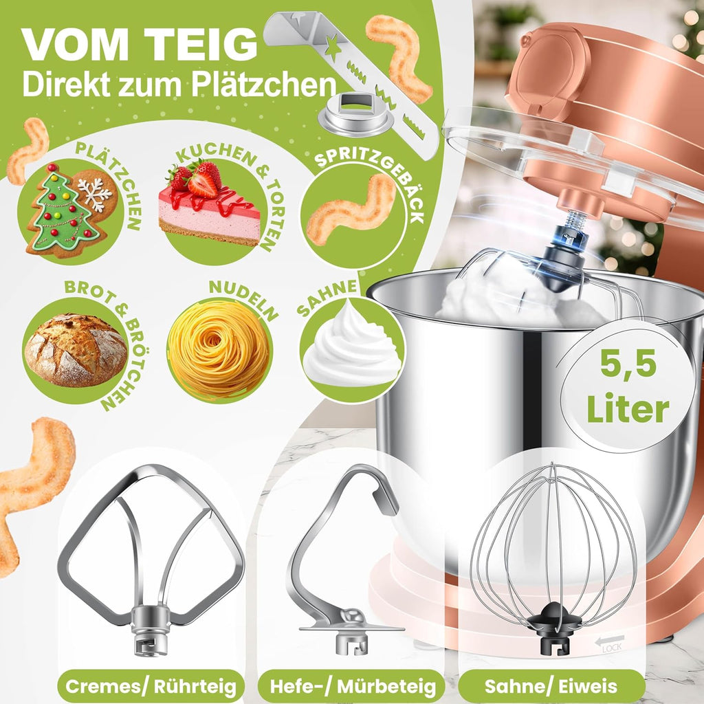 KESSER® Küchenmaschine 3in1 mit Fleischwolf & Mixer, 1500W Knetmaschine 5,5L Rührschüssel + Spritzschutz, 6 Geschwindigkeiten, Knethaken, Schneebesen, Rührhaken & Raspeln, Backen & Kochen, Kupfer