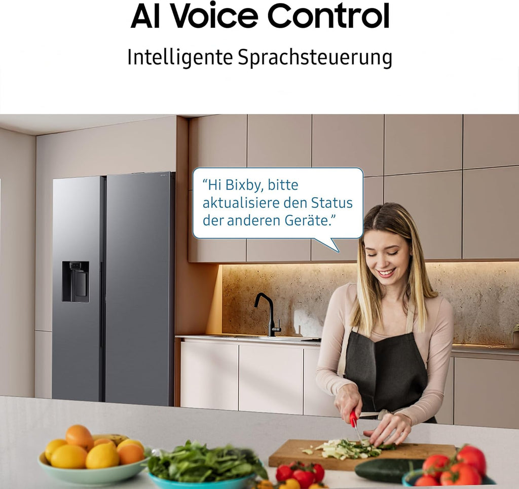 Samsung RS80F64KEFEF Side-by-Side Kühl-Gefrierkombination, AI Kühlschrank mit Gefrierfach, 178,4 cm, 640 l, Eis-/Wasserspender mit Festwasseranschluss, AI Voice Control & Energy Mode, Black Steel