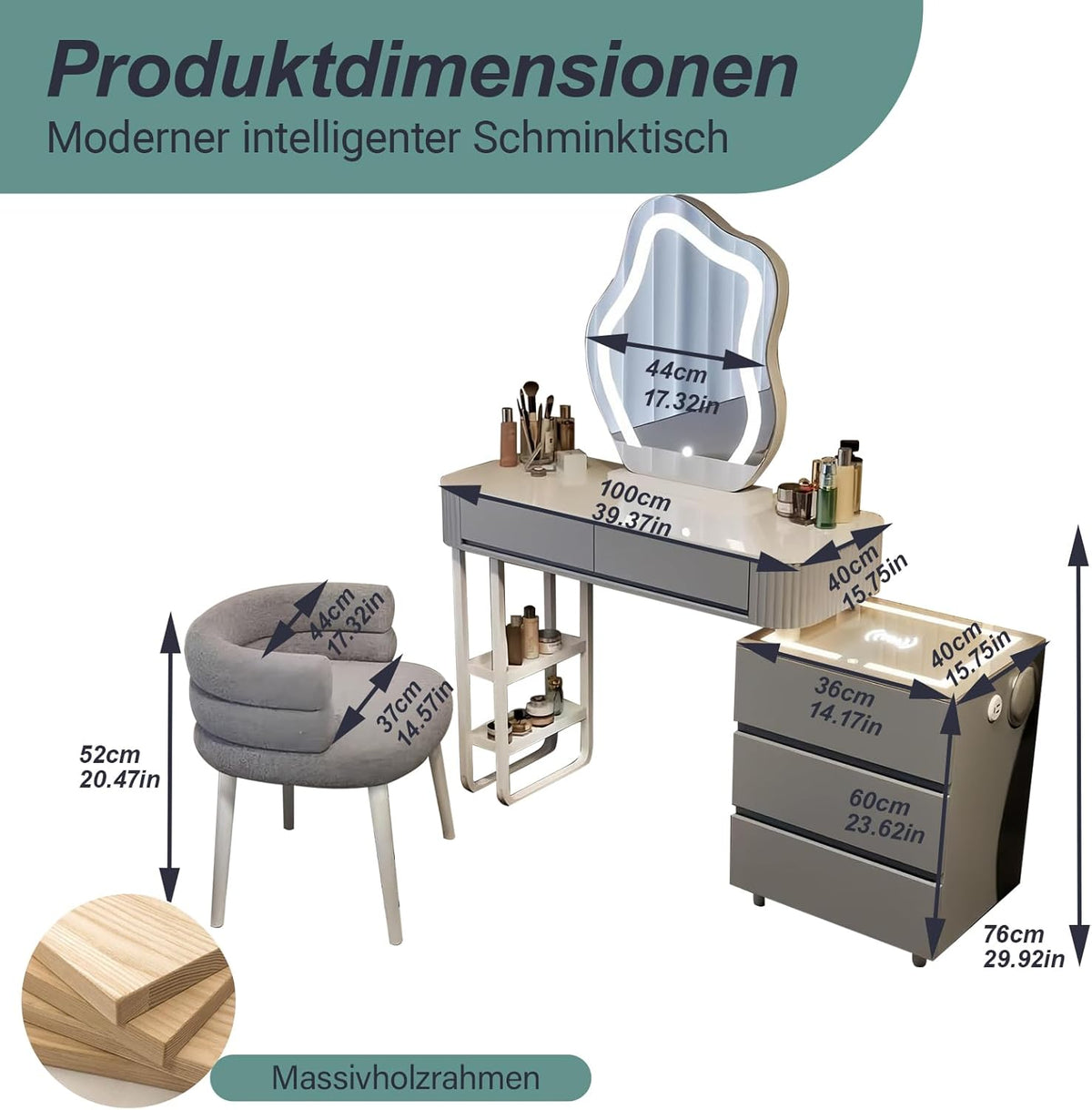 Schminktisch Mit Beleuchtung Und Hocker,Moderner Frisiertisch Mit Kabelloser Aufladung,Bluetooth-Audio,Schminktisch Mit Spiegel,3 Farben,Für Das Schlafzimmer (Graues Schminktisch-Set)